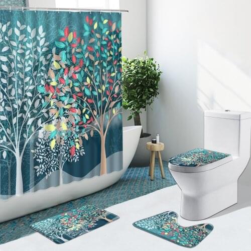 Painted Creative Tree Shower Curtains Watercolor Landscape Non-Slip Flannel Rugs Toilet Cover Bath Mat Bathroom Set Home Decor