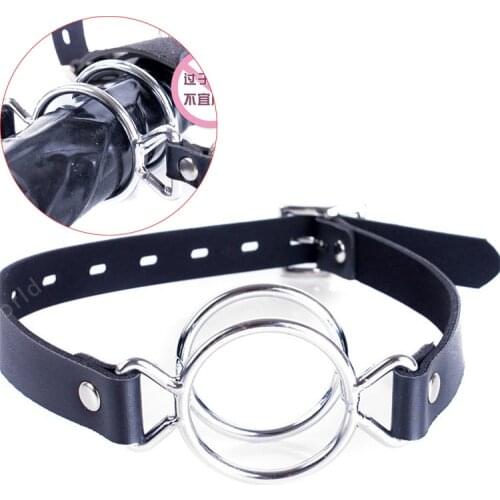 Metal Double Round Mouth Bite Ring Deep Throat Mouth Plug Gag Open Mouth Oral Fixation Leather Sex Restraint Slave Adult Sex Toy