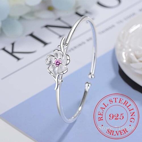 Delicate Pink Cherry Blossoms Bangle Bracelet 925 Sterling Silver Drop Glaze Open Cuff Bangle For Women S-B278