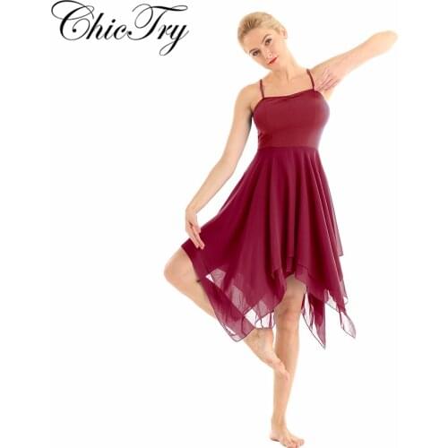 Women Adult Dancer Performance Tutu Dress Spaghetti Strap Sleeveless Asymmetric Chiffon Solid Color Contemporary Dance Dress