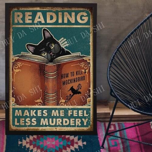 Books poster, Love Book Poster, Reading Make Me Feel Less Murdery, Vintage Posters, Cat Wall Decoration, Cat Reading Art