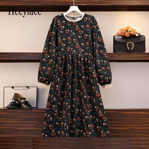 Plus Size Women autumn winter Vintage Flower Print Corduroy Dress 2020 Lace Patchwork O-Neck Long Sleeve korean Floral Dresses