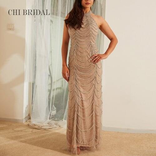 Halter-Neck Halter Sexy Evening Dress Fashionable And Elegant Lace Mesh Long Dress Handmade Beaded Tailing Evening Dress
