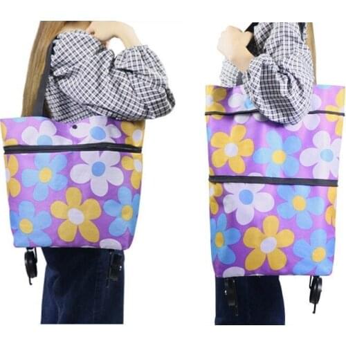 Folding Tug Shopping Bag Portable Foldable Oxford Cloth Supermarket Hand Bag with Wheels Telescopic Shopping Bag Small Cart