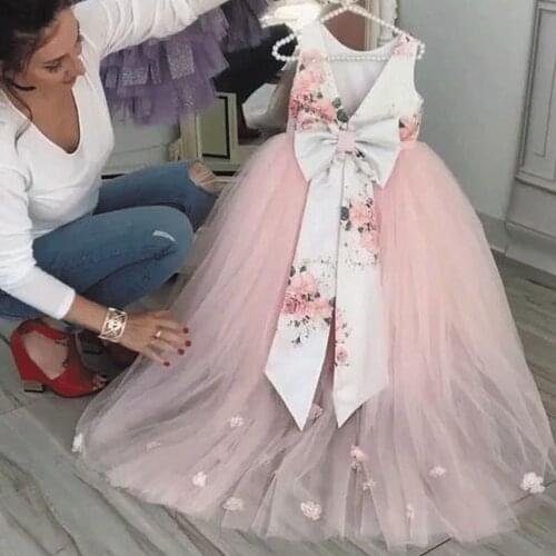 SuperKimJo Pink Printed Flower Girl Dresses for Weddings 3D Flowers Cheap First Communion Dresses for Girls Vestido Comunion