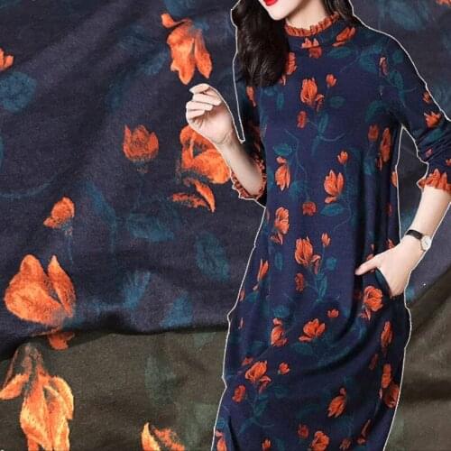 Orange Flowers Knitted Mink Velvet Fabric Autumn Winter High-end Wool Dress Australian Cashmere Jacquard Cloth by the Meter