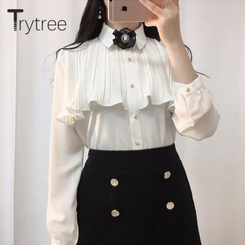 Trytree 2020 Spring Autumn Blouse Women Casual Brooch Turn-down Collar Ruffles Single Breasted Office Lady Solid Shirts Tops