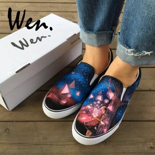Wen Custom Hand Painted Shoes Design Silent Night The Sky Shining Diamonds Slip On Unique Unisex Canvas Sneakers for Presents