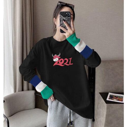 2021 Spring Women Long Sleeve T-Shirt Loose T-Shirts Fashion Joining together Clothing Large Size