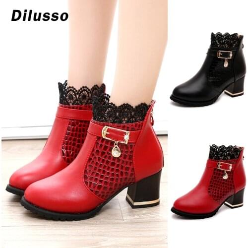 Womens Ladies Boots Fall Winter Vintage Leather Ankle Lace Short Boots Shoes square heel female autumn winter boots