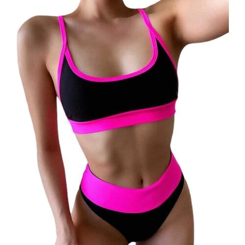 Womens Color Blocking 2pcs Bikini Suits Crop Tank Tops with High Waisted Triangle Bottom, Fashionable 2Pcs Swimsuit