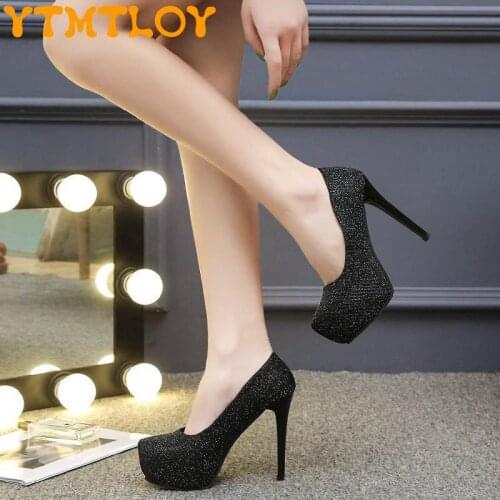 Hengtiangao Night Market Womens Shoes 14cm Black Sequins Shallow Mouth Round Toe Stiletto High Heels Thick Sole Super High Heel