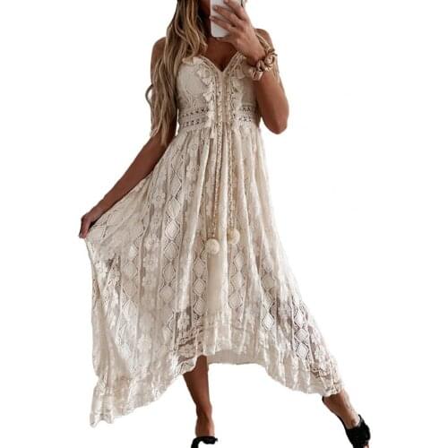 Summer Women Maxi Dress Hollow Out Lace V-Neck Women Spaghetti Strap Large Hem Summer Beach Party dress strand jurk