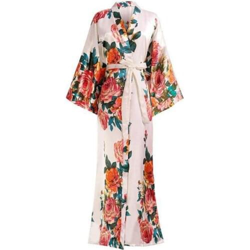 Women Exquisite Print Flower Kimono Gown Wedding Robe Elegant Ankle-length Sleepwear Homewear Casual Soft Bath Gown Plus Size