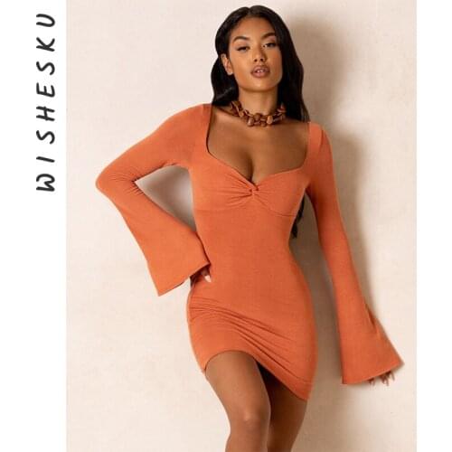 Sexy Mini Dress Womens Low Cut Square Collar Flare Long Sleeve Solid Color Slim Robe 2021 Fashion Party Club Runway Dresses