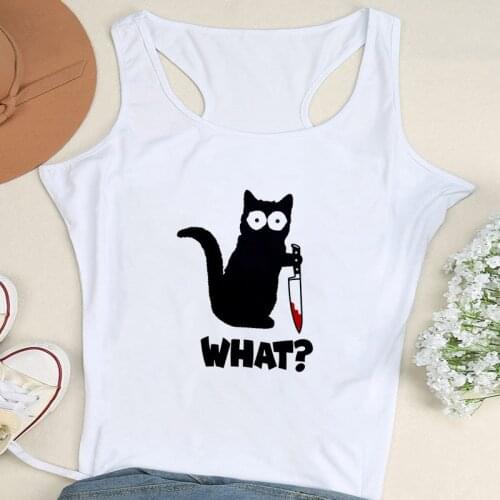 Women Fashion Vest Summer Tank Tops Sexy Camisole Black cat What Print Lady Casual Loose Sleeveless Tee 90s Female Top Woman