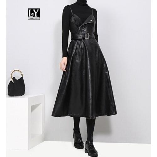Ly Varey Lin 2020 New Autumn Strapless Black Pu Leather Long Dress Women High Waist Belt Zipper Loose Leather Dress Vestidos