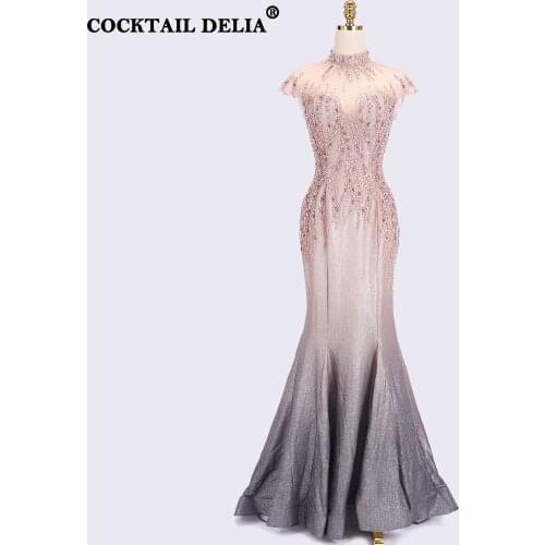 Champagne Mermaid Elegant Evening Dresses Long Luxury 2021 Party Gown For Women Celebrity O-Neck Sparkly Beading Sleeveless Prom