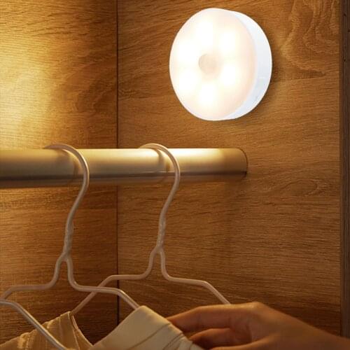 2020 Magnetic 6 LED Round Motion Sensor USB Night Lights PIR Induction Under Cabinet Light Closet Lamp for Stairs Kitchen