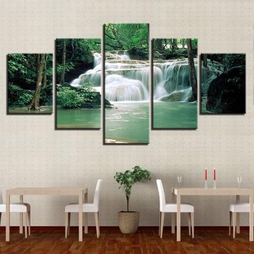 Canvas HD Prints Pictures Bebroom Wall Art 5 Pieces Forest Lake Waterfall Paintings Tree Landscape Posters Home Decor Framework