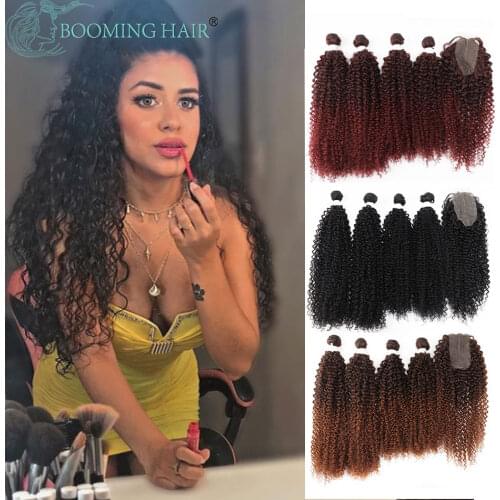 Synthetic Hair Curly Weave 24" 26" 4Pcs/Lot With Free 20" Closure Two Tone Colors Kinky Curly Hair Bundles Extensions Fake Hair