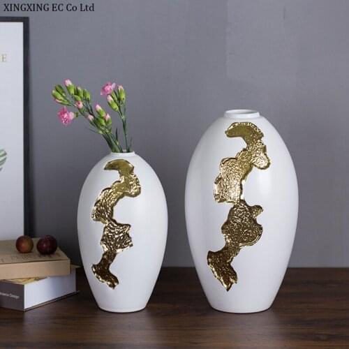 Chinese Style White Ceramic Household Vase Crafts Creative Golden Texture Flower Arrangement Ornaments Nordic Home Decoration