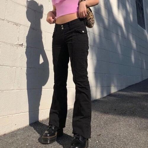 Retro Side Pockets Jeans Women Micro Flare Trousers Cargo Pants Women Harajuku Gothic Casual Fashion Black Denim Joggers Woman