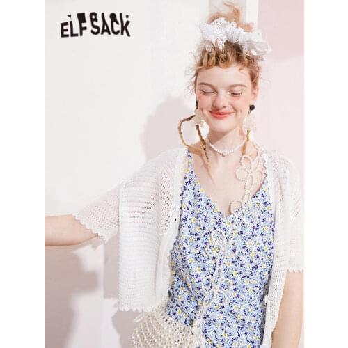 ELFSACK Solid Pure Chic Single Breasted Knit Casual Women Cardigan 2021 Spring ELF Vintage Half Sleeve Girly Sweety Summer Top