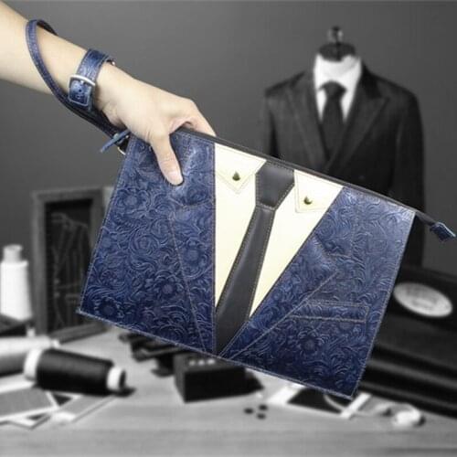 Men Genuine Leather Bag Tie Decorative Gentleman Bags Money Holder Clutch Purse Clutches Cow Lerther Pressed Flower Envelope