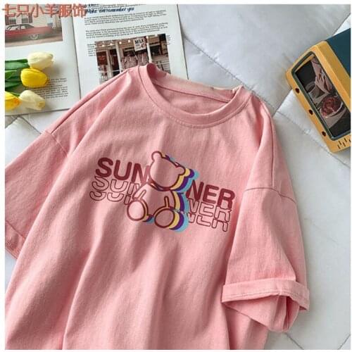 Summer Cotton Bear Letter Print Pink Cartoon Short-sleeved Womens T-shirt Korean Fashion Casual Loose Womens Tops Streetwear