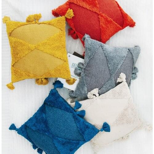 Indian Style Embroidered Tufted Pillowcase Moroccan Style Geometric Handmade Tassel Cushion Yellow Blue Beige Pillow