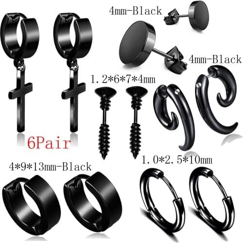 1Set Multi Style Unisex Black Color Stainless Steel Hoop Stud Piercing Earring For Men Punk Gothic Barbell Earring
