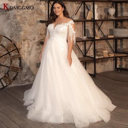1000% Real Tassel Cap Sleeve Illusion O-Neck Wedding Dress Elegant Lace Appliques Tulle Court Train Plus Size Bridal Ball Gown