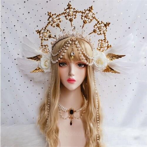 Lolita Sun Godmothers KC Gothic Crystal Tiaras and Crowns White Rose Angel Wings Virgin Mary Bead Chain Baroque Tiara Headdress