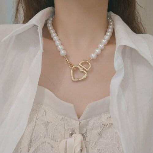 Pearl Choker Necklace For Women Geometric Heart Coin Lock Pendant Necklaces Punk Jewelry Gold Silver Color Collier De Perles