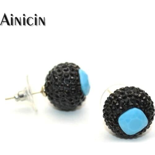 15mm Black Rhinestone Crystal Paved Blue Color Stud Earrings For Women Exaggerated Jewelry