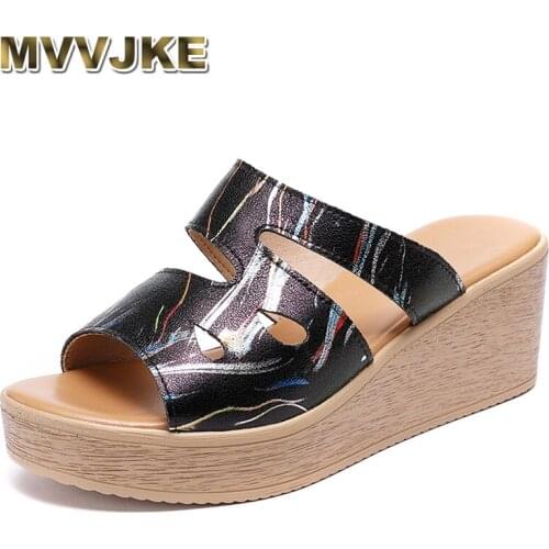 MVVJKEWomen Slippers Shoes Genuine Leather Slip on Outside Slides Ladies Fashion Wedges Summer Beach Thick Sole Flip Flop