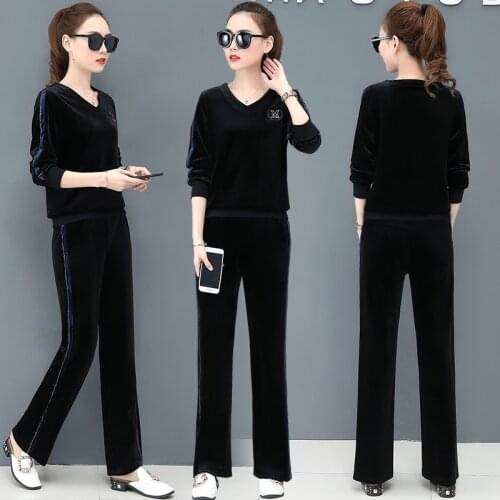 Ggold Velvet Two-piece 3XL Wide Leg Pants Womens Suit 2021 Middle-aged Mother Spring Autumn Casual Sports Women Suit