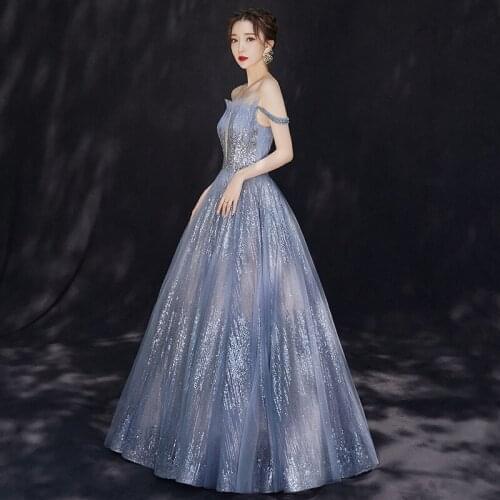 Bling Female Qiapo Blue Temperament Cheongsam Elegant Sequins Evening Party Dress Sequins Banquet Robe De Soiree Vestidos