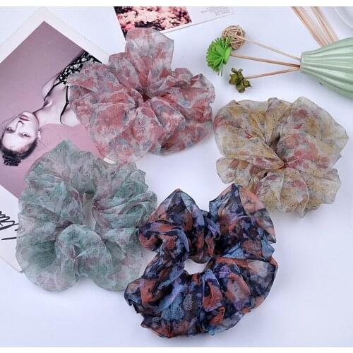 1Pcs New Vintage Chiffon Hair Rope Yarn Floral Scrunchies Lady Stretch Ponytail Holder Elastic Women Girls Party Headdress