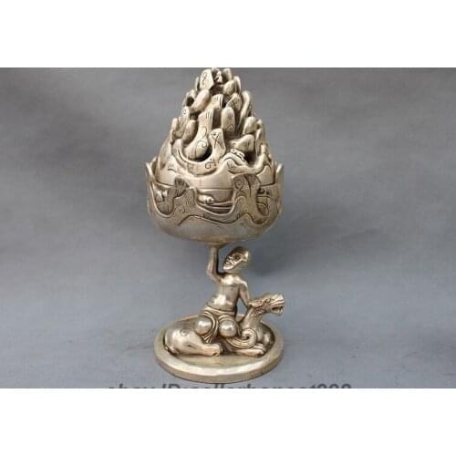 12 Tibet White Copper Silver Dragon Kylin beast Arhat Up Incense Burner Censer