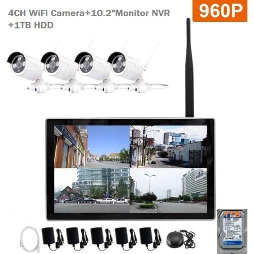 4CH WiFi NVR Kit Wireless IP Camera HD 960P 4 Channel CCTV Security System NVR Kits for Home Office Surveillance 1TB HDD Monitor