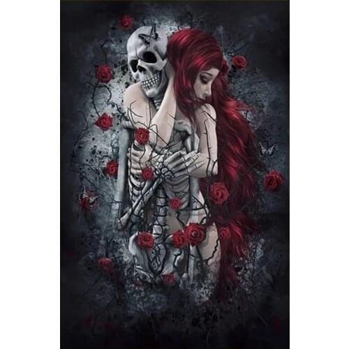 DIY diamond embroidery Skull Wall Art Painting Red Rose Diamond painting Long-Haired Woman Poster and Print for Home Interior De
