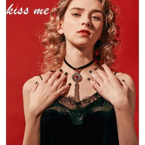 KISS ME Brand Red Crystal Long Tassel Necklace Black Imitation Leather Choker Necklace Women Accessories