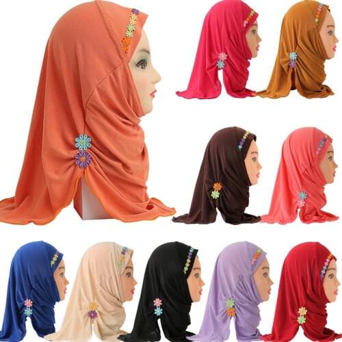 Girls Kids Muslim Hijab Islamic Arab Scarf Shawls Turban Flower Wrap Shawl Head Scarf Amira One Piece Hijab Cap Full Cover New