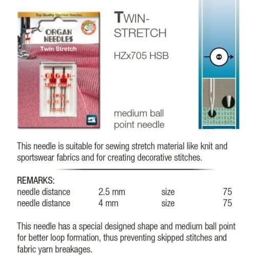 ORGAN NEEDLES 130/705H TWIN NEEDLE FOR STRETCH KNITTING FABRIC DOMESTIC SEWING MACHINE 75/4MM/2.5MM TWIN NEEDLE