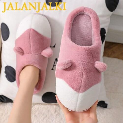 JALANJALKI Winter Home Women Slippers Candy Color Ladies Indoor Shoes Couple Warm Fur Non-slip Men Sandals Dog Ears Floor Shoes