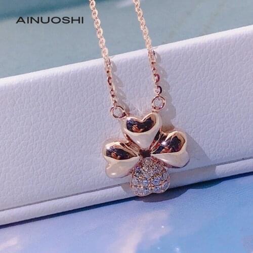 AINUOSHI 18K Gold 0.08ct Real Diamond Four Leaf Clover Necklace Suitable For Wearing Jewelry for Dinner parties Chain Length18In