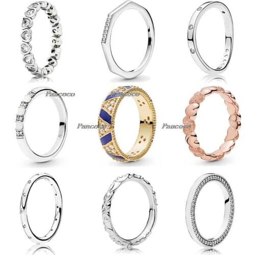 925 Sterling Silver Ring Golden Shine Stones And Stripes Ring For Women Wedding Party Pandora Jewelry