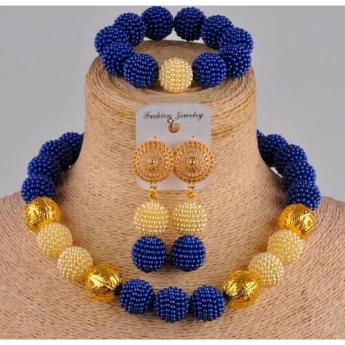 Beautiful royal blue and gold simulated pearl nigerian wedding necklace costume african jewelry set FZZ09-04